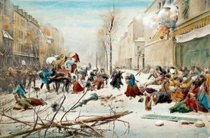 حرب 1870: حصار باريس عام 1870 ، قصف من قبل البروسيين. سكان باريس يغادرون المناطق التي تعرضت للقصف تحت الثلوج. لوحة مائية من القرن التاسع عشر. باريس ، Musee de l'Armee بواسطة فنان غير معروف