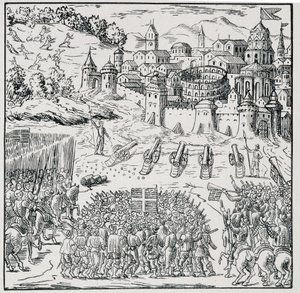 حرب الأديان: مدينة نيم التي حاصرها جيش الملك (هنري الثالث) عام 1576 - في "" مجموعة من 39 شخصية تمثل نكبات فرنسا من 1562 إلى 1586 "" ، توقيع لويس بيرين. بواسطة فنان غير معروف