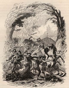 حرب الغال: معركة Aduatuca بين الشعب البلجيكي Eburons والجيش الروماني. هزم Quintus Titurius Sabinus و Lucius Aurunculeius Cotta عام 54 قبل الميلاد. نقش من عام 1868 في "Histoire de Belgique من العصور البدائية حتى نهاية بواسطة فنان غير معروف