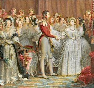 زفاف الملكة فيكتوريا مع الأمير ألبرت من ساكسونيا كوبورغ جوتا في قصر سانت جيمس بلندن العاشر من فبراير 1840 (نقش) بواسطة فنان غير معروف