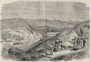 العمل في قناة السويس 1864 - موقع البناء وأعمال الحفر على قناة السويس عام 1864 (شالوف ترانشي) - بواسطة فنان غير معروف