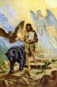 زرادشت (Zarathustra ، Zarathushtra ، Zarathustra أو Zoroastra) ، بإرشاد من رئيس الملائكة ورفقة الحيوانات التي من شأنها أن تبقي رفيقه أثناء تراجعه على الجبل ، ينزل بين الرجال لحمل طاولات القانون التي تلقاها Ahura Mazda بواسطة فنان غير معروف