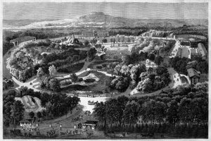منظر عام لحديقة التأقلم مع Bois de Boulogne التي قدمها وافتتحها نابليون الثالث في عام 1860 ، حيث تجمع بين الطبيعة والنباتات المورقة والحيوانات الغريبة ، في "" l'univers illustrious " بواسطة فنان غير معروف
