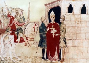 البابا بونيفاس الثامن (1294-1303) هنا سجين في Anagni عام 1303 ، رسم توضيحي من مخطوطة من القرن الرابع عشر بواسطة فنان غير معروف