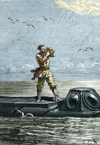 20000 فرسخ تحت سطح البحر. الكابتن نيمو على الغواصة نوتيلوس. رسم توضيحي من رواية جول فيرن "عشرون ألف فرسخ تحت البحار" (عشرون ألف - 20 ألف - 20000)
