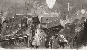 5 أ. م. في سوق بيلينجسجيت للأسماك، لندن، إنجلترا في القرن التاسع عشر بواسطة فنان غير معروف