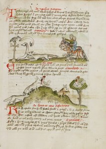 ثعلب يهدد طائرًا جاثمًا على صليب على جانب الطريق وفارسان يشيران إلى المشهد؛ ثعلب يركض ويصطاد دجاجة؛ دجاجة على شجرة فوق ثعلب بواسطة فنان غير معروف