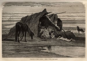 معسكر البدو الرحل في سهول شمال البوسنة. نقش لتوضيح ذكريات السفر بين السلاف الجنوبيين ، بقلم جورج بيرو ، في عام 1868 ، نُشر في "" Le tour du monde "" 1870-1871 ، من تحرير إدوارد شارتون ، طبعة Hachette ، Pari بواسطة فنان غير معروف