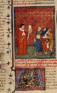A doctor examining a jar of urine in front of patients. Miniature taken from Barthelemy the English بواسطة فنان غير معروف