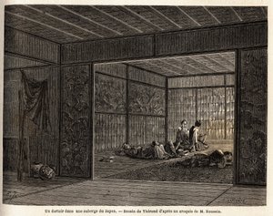 مهجع في نزل في اليابان. نقش لتوضيح الرحلة إلى اليابان في 1863-1864 ، بقلم آيم هامبرت ، وزير الاتحاد السويسري ، في "Le Tour du monde ، nouveau journal des voyages" ، الذي نُشر تحت إشراف إدوارد شارتون بواسطة فنان غير معروف