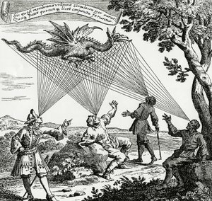 A dragon seen from different visual angles, based on a copper engraving of Zahn