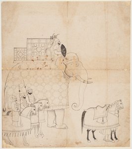 رسم للفيل والخيول Caparisoned بواسطة فنان غير معروف