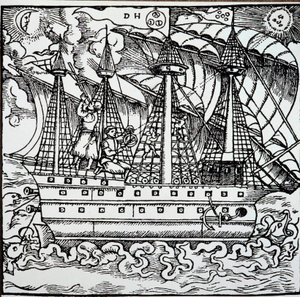 A navigator on a Portuguese caravel using an astrolabe. Engraving from the travel stories of the German navigator Hans Staden (1525-1579) بواسطة فنان غير معروف