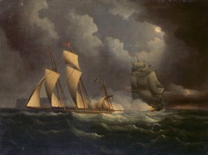 زورق تهريب يطارده مركب شحن بحري، حوالي عام 1825 (زيت على قماش) بواسطة فنان غير معروف