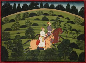 Akrura Rides نحو Dwarka ، صفحة من Basohli Bhagavata Purana الكبيرة بواسطة فنان غير معروف