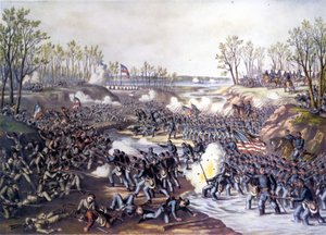 الحرب الأهلية الأمريكية (1861 - 1865): معركة شيلوه أو هبوط بيتسبيرغ (تينيسي) 06-07 أبريل 1862. نقش من القرن التاسع عشر. بواسطة فنان غير معروف