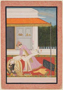 زوجان غراميان ، على الأرجح رجا ماهيندرا بال من باشولي (حكم من ١٨٠٦ إلى ١٨١٣) مع الملكة المفضلة بواسطة فنان غير معروف