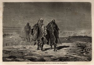 البدو العرب وتجار جلود الفهود وصوف الأغنام في طريقهم إلى مسيرة بغداد (العراق). نقش لتوضيح الرحلة إلى بابل ، في عام 1866 ، بواسطة غيوم ليجين ، في "حول العالم ، مجلة سفر جديدة" التي نُشرت تحت الرهيب بواسطة فنان غير معروف