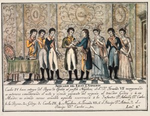 مقابلة بايون في عام 1808 بعد تمرد أرانجويز ، الذي شهد تنازل الملك تشارلز الرابع ملك إسبانيا عن العرش لنابليون الأول قبل ابنه فرديناند السابع (فرناندو السابع) بواسطة فنان غير معروف