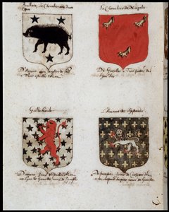 Blazons of Knights of the Round Table: 1. Brallain ، الفارس ذو التقلبين ، 2. The Knight of Norgales ، 3. Gallehault ، 4. The Amorate of Lystenois. sd. القرن ال 19. بواسطة فنان غير معروف