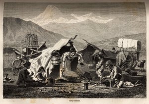 المعسكر البوهيمي. نقش لتوضيح الرحلة في مقاطعات القوقاز ، بقلم باسيلي فيريشاغوين ، في 1864-1865 ، نُشر في "" Le Tour du monde ، nouveau journal des voyages "، من تحرير إدوارد شارتون بواسطة فنان غير معروف