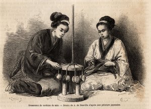 ضفائر من خيوط الحرير ، في ورشة عملهم في ييدو (أو إيدو ، طوكيو الحالية) ؛ هذه الضفائر ممتدة للغاية لأنها تستخدم لترتيب الأزياء العسكرية والمدنية وصيانتها (يتجاهل اليابانيون الزر والمقطع لربط الملابس). إنجرا بواسطة فنان غير معروف