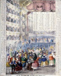 تقويم عام 1859 يمثل أمسية كرنفالية في مسرح ألا سكالا عام 1859. بواسطة فنان غير معروف