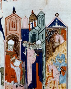 Ceremony of taking the habit of a Miniature monk from “Decret de Gratien”” (“Concordia discordantium canonum” or “Decretum Gratiani”) dating from 1140 and regulating the laws and canons of the Roman Catholic Church. 14th century Cesena Biblioteca malatesti بواسطة فنان غير معروف