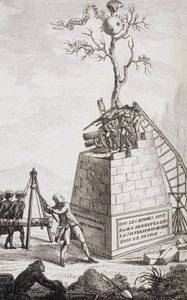 تهمة ضد نيكر - Frontispiece في "" ملحق للحياة الخاصة ووزارة السيد نيكر ، المدير العام للمالية "من قبل مواطن ، محرر. بيليه ، جنيف بواسطة فنان غير معروف