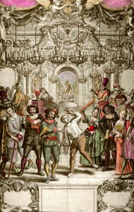 Commedia dell'Arte: الفرقة الملكية للكوميديا الإيطالية في فندق Hotel de Burgundy. نقش من مجموعة خاصة 1689 بواسطة فنان غير معروف