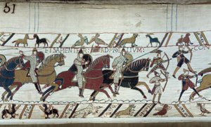 Conquete of England by the Duke of Normandy William the Conquerant (1027-1087) in 1066: the beginning of the Battle of Hastings Detail of Bayeux Tapestry or Embroidery of Queen Mathilde بواسطة فنان غير معروف