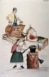 زوجان من Moyobamma metisses يعملان بالحديد في الصياغة ، من كتاب "Trujillo del Peru" أو "Códice Martínez Compañón" بقلم بالتازار مارتينيز كومبانيون إي بوجاندا ، أسقف تروخيو (1782-1785) بواسطة فنان غير معروف