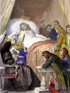 وفاة لويس الرابع عشر (1638-1715) ، ملك فرنسا ، في 1 سبتمبر 1715 في فرساي والمستقبل لويس الخامس عشر (1710-1774). بواسطة فنان غير معروف