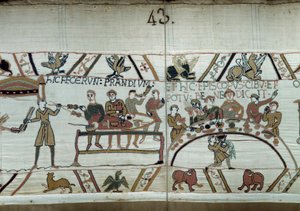 Debarques في إنجلترا ، تصنع ذراعي William the Conquerant (1027-1087) وليمة أثناء انتظار محاربة أسلحة Harold II الساكسونية. غيوم محاط بالبارون وتفاصيل إيفيك أودون من نسيج بايو أو تطريز الملكة ماتيلد بواسطة فنان غير معروف