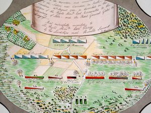 رسم تخطيطي لخطوط المعركة في معركة كامدن بولاية كارولينا الجنوبية في 16 أغسطس بواسطة فنان غير معروف