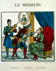 Doctor Scene representing a doctor examining a patient, his assistant behind him holds a clystere. Engraving of the 19th century Paris, B.N. بواسطة فنان غير معروف