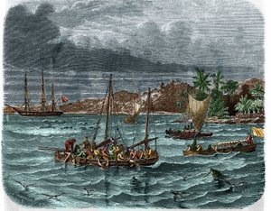 Dumont d'Urville (1790-1842) ، ملاح فرنسي مع طاقم "l'astrolabe" (الاسم الجديد لـ "Coquille") يجمع حطام سفينة جان فرانسوا غالوب ، كونت لا بيرووس (جان فرانسوا لابيروس بواسطة فنان غير معروف