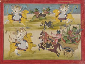 Durga تقاتل rakshasas Shunga و Nishunga ، من Devi Mahatmya بواسطة فنان غير معروف
