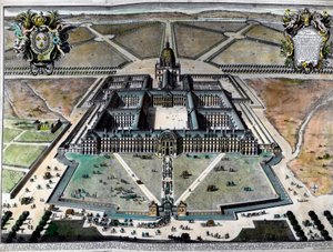 منظر خارجي لفندق des Invalides في باريس في القرن الثامن عشر. نقش القرن الثامن عشر. مجموعة خاصة. بواسطة فنان غير معروف