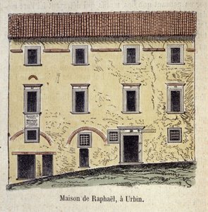 واجهة المنزل الذي عاش فيه الرسام رافايللو سانتي (رافائيل) (1483-1520) في أوربين بإيطاليا بواسطة فنان غير معروف