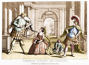 Farinelli (Carlo Broschi، dit؛ 1705 - 1782) مع السوبرانو كوزوني والمخصي فرانشيسكو برناردو سينسينو (1680 - 1750) في أوبرا جورج فريدريك هاندل (جورج فريدريش هاندل) بواسطة فنان غير معروف