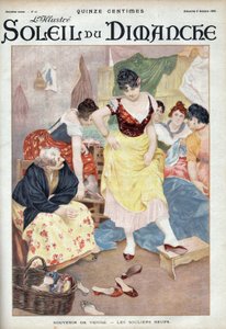 أزياء أواخر القرن التاسع عشر: أحذية جديدة من البندقية. نساء يجربن الأحذية من المدينة الإيطالية. نقش في "Le sun-du-dimanche" ، 8 أكتوبر بواسطة فنان غير معروف