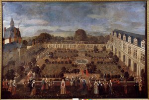 وليمة في قصر الدوق عام 1673 لإقامة الملك لويس الرابع عشر وحاشيته. لوحة مجهولة بواسطة فنان غير معروف