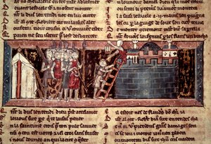 الحملة الصليبية الأولى: "وصول الحروب الصليبية قبل القدس". صورة مصغرة من "" Chevalier au Swan et Godefroi de Bouillon "" بواسطة فنان غير معروف