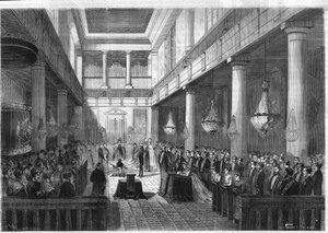 أول شركة للأمير الإمبراطوري نابليون يوجين لويس جان جوزيف بونابرت (1856-1879) ، ابن نابليون الثالث ، في كنيسة التويلري في باريس. نقش في "" الكون اللامع "" بواسطة فنان غير معروف