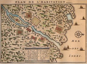 خريطة فرانسوا ليجوات لاستيطانه في رودريغز - خطة سكن فرانسوا ليجوات (1637-1735) مستكشف Francois et des Amis في جزيرة رودريغ في موريشيوس (1708) بواسطة فنان غير معروف