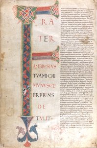 Frater Ambrosius michi munuscula perferens. كابوليتيرا من الرسالة الإهداءية للقديس جيروم بواسطة فنان غير معروف