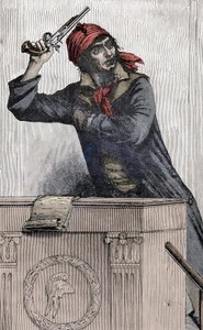 الثورة الفرنسية: صورة جان بول مارات (1743-1793) ، مندوب مونتانيار في المؤتمر ، يغرس مسدسًا على المنصة - بواسطة فنان غير معروف
