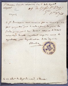 الثورة الفرنسية: رسالة مكتوبة بخط اليد بتاريخ 26/02/1793 من دين مارلين حول استيلاء الجنرال دوموريز على مدينة بريدا بهولندا في 24 فبراير. المحفوظات الإدارية في نورد ليل بواسطة فنان غير معروف