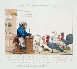 الثورة الفرنسية: "" مجمع الأعيان في 22 فبراير 1787 "" كاريكاتير يمثل الملك لويس السادس عشر في طباخ قرد يترأس مجلسًا مؤلفًا من الديوك الرومية والدجاج والأوز والديك الرومي. رسم القرن الثامن عشر. متحف باريس كرنافاليه بواسطة فنان غير معروف